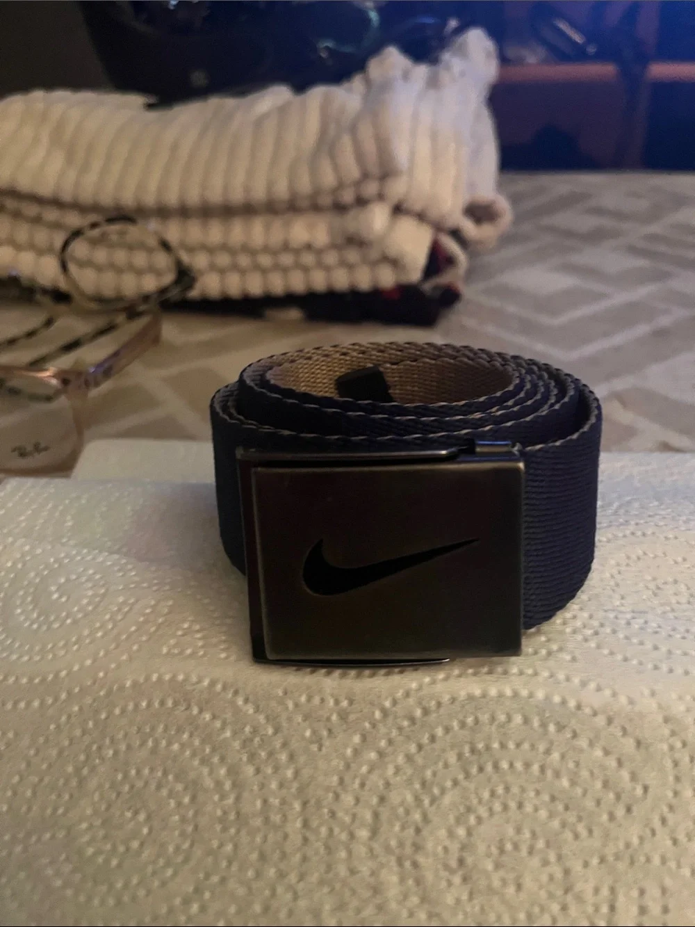 Nike Men's Navy Web Belt with Black Metal Swoosh Buckle